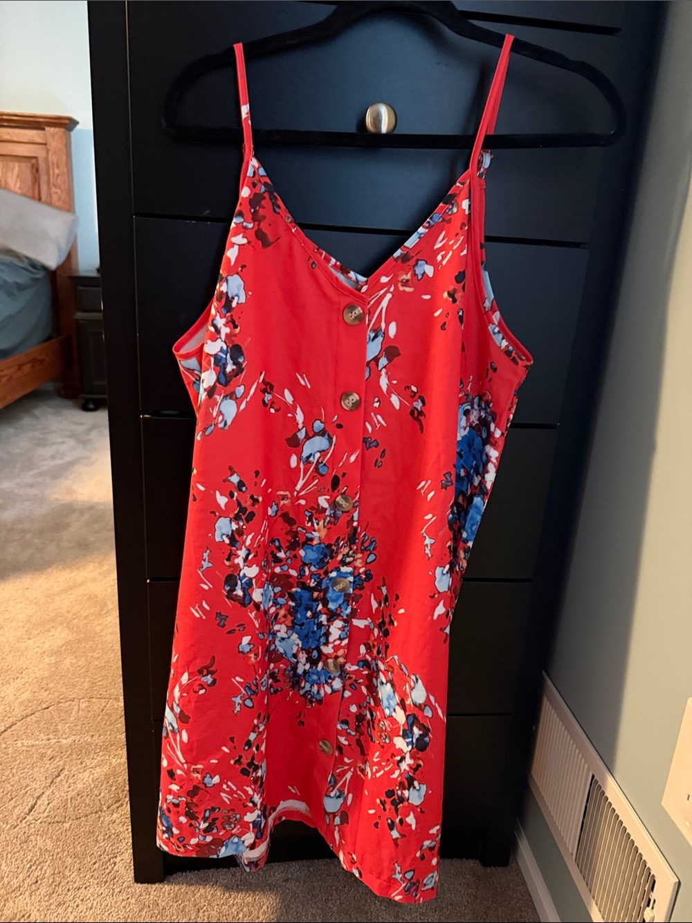 Amazon Red Floral Mini Dress with Blue Accent